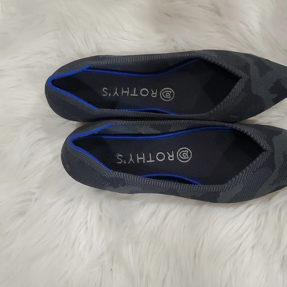 Rothy's The Point  Gray Camo  Flats with Sleek Pointed Toe and Blue Trim - Picture 16 of 16